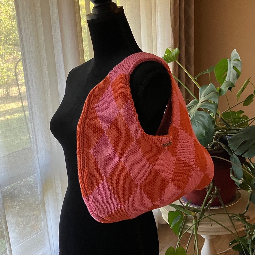Kopari Knit Argyle Pink Orange Knit Hobo Y2K  Retro Slouchy Bag - Picture 7 of 10
